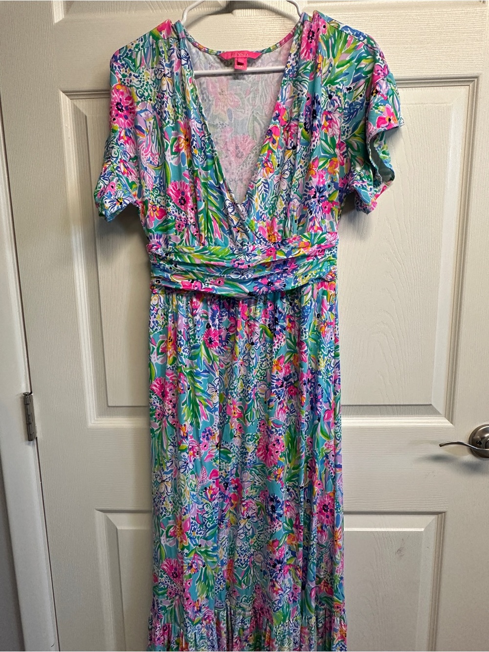 Lilly Pulitzer Aqua Maxi Dress with Pink Floral Print